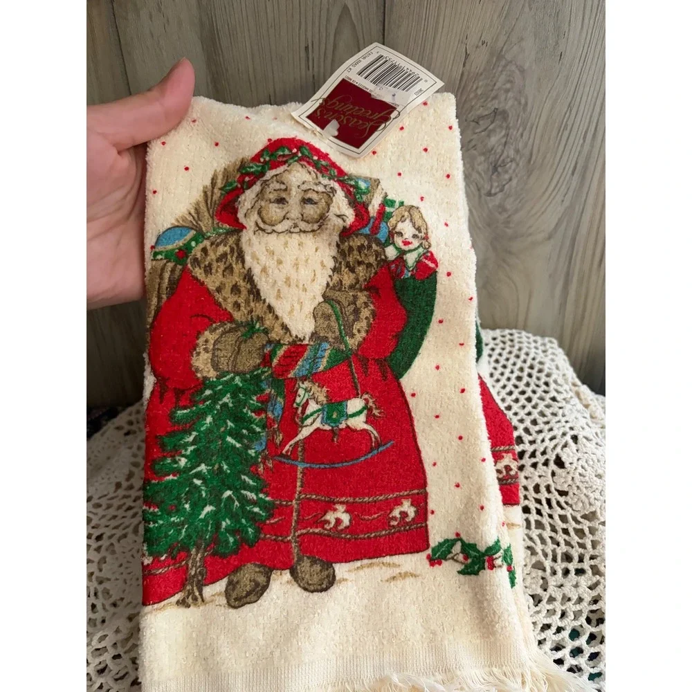 Vintage Seasons Greetings Santa Claus Christmas Hand Towels Set of 2 Cream Red